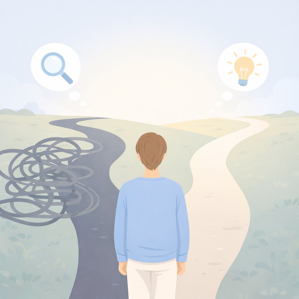 Personne face à deux chemins illustrant le choix entre pensées négatives et pensées restructurées en TCC